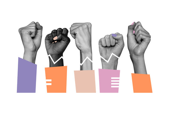 Creative poster collage of&nbsp;girls raise fists fight against sexism woman rights&nbsp;international day postcard&nbsp;weird freak bizarre unusual