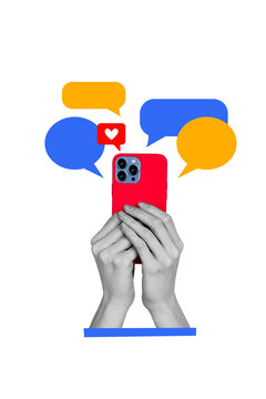 Vertical photo collage of hand hold new iphone device camera correspondence messenger technology like heart isolated on painted background