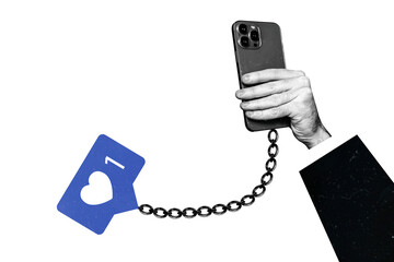 Composite collage picture image of hand hold telephone chain heart icon social media slave...