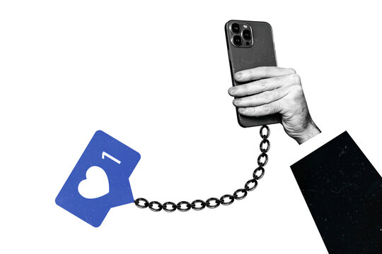 Composite collage picture image of&nbsp;hand hold telephone chain heart icon social media slave addicted&nbsp;fantasy billboard comics zine