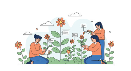 Fototapeta premium Group of professional scientists or biologists examining giant flowers and plants while recording data on digital tablets.