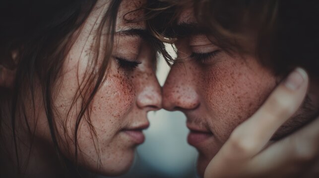 Romantic love theme for Valentines Day. A closeup of a man and woman with freckles, their faces close together. The background is blurred, emphasizing the focus on the two individuals.