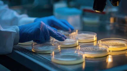 Fototapeta premium Technician carefully handling environmental swab samples on agar plates within a biosafety cabinet medium shot with main action in sharp focus and soft background.