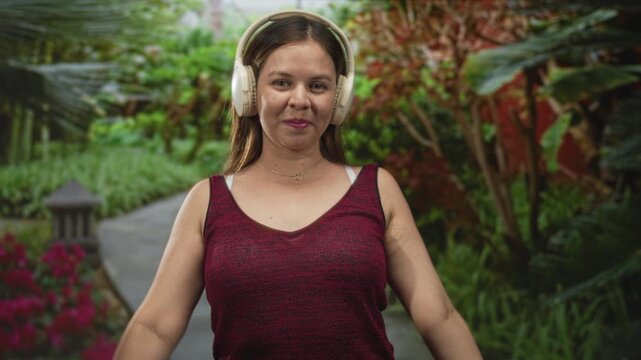 Woman wearing beige headphones making ok sign on a forest path among green plants and flowers; joy music relaxation.