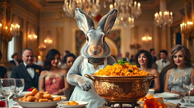 Colorful festive Easter table with painted eggs, flowers and food on rustic wooden background
