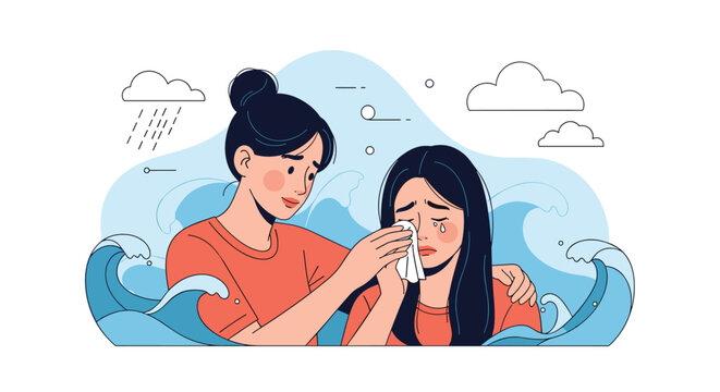 Kind woman wiping away the tears of a crying friend to offer emotional support and comfort against a blue wave background.