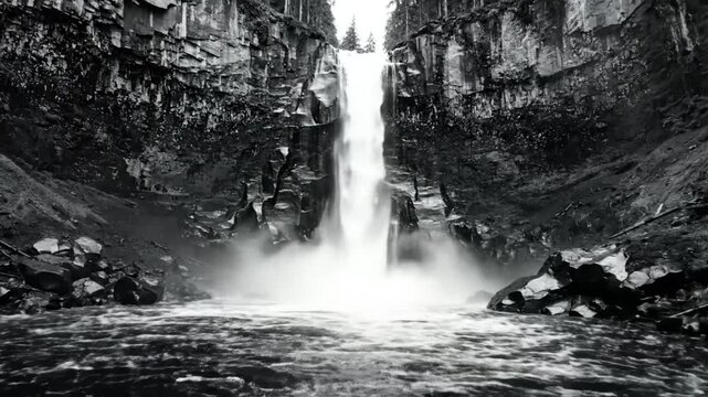 Black and white scenic waterfall cascading down rocky cliffs amidst a serene forest environment