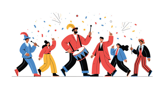 Group of joyful musicians in a marching band playing instruments like drums and trumpets amidst flying confetti celebrating an event.