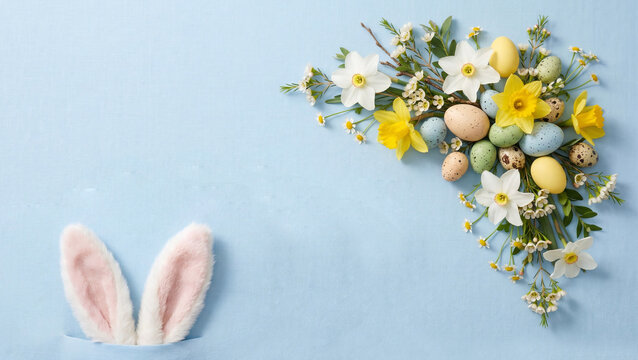 Easter background with bunny ears spring flowers and colorful eggs on pastel blue