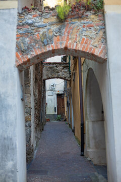One of the main streets of the ancient medieval village of Zuccarello, located in the Neva River valley, in the province of Savona, Liguria, Italy.