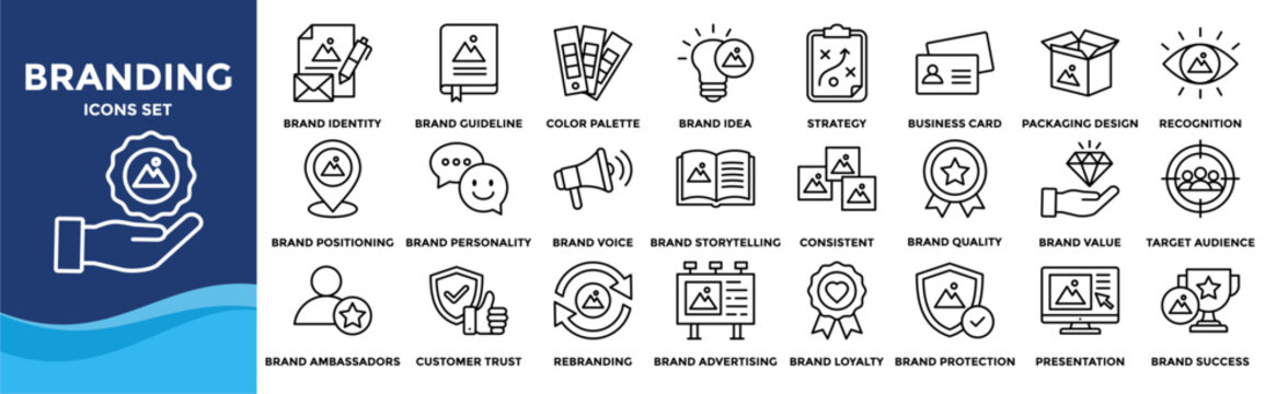 Branding icon set collection. Icon pack contains brand identity, brand guideline, brand idea, brand loyalty, brand success