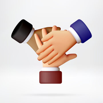 3D Three human hands stacked on top of each other. Concept of teamwork, unity, and cooperation. Collaborative business effort, partnership, and diversity. Vector illustration
