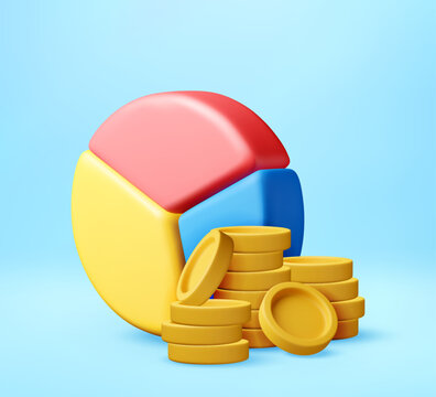 3D pie chart with stack of gold coin. Financial data analysis and business statistic. Investment growth and banking profit illustration for corporate report or finance blog. Vector illustration