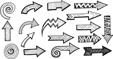 Hand drawn sketch arrow icons set with doodle style directional arrows including curved spiral zigzag and textured vector collection © Art by Chandon