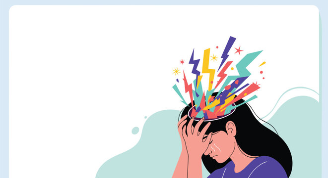Stressed woman clutching her head as colorful lightning bolts explode from her mind representing mental pressure.