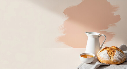 Cozy breakfast and favorite delicacy with milk, honey and fresh bread, minimalistic style, delicate pastel colors, background for copying