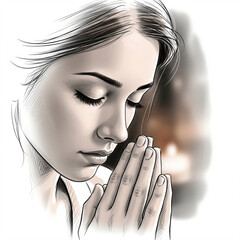 A girl in prayer, gentle illustration style, spiritual atmosphere, bright colors, Easter holiday