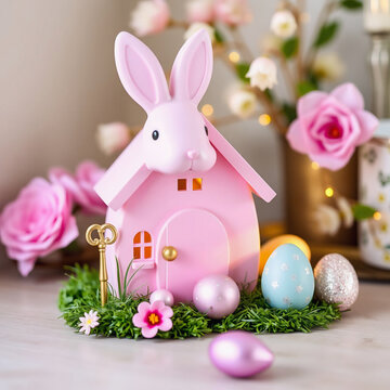 Pink bunny house with eggs and flowers on a table