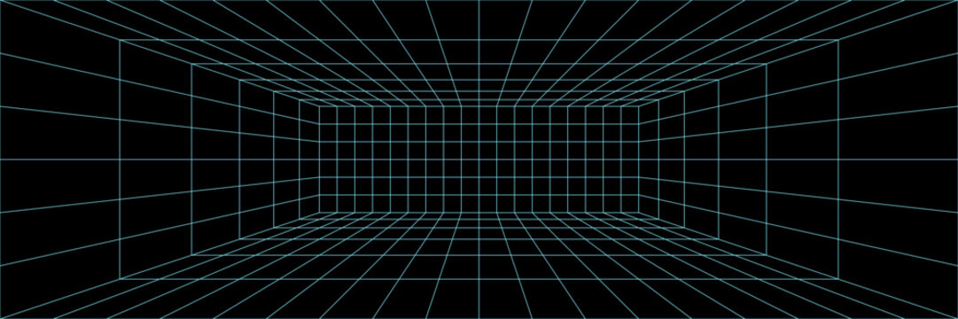 Lab arcade grid for ai ground bg. Line 3d game of y2k blueprint infographic. Metaverse isometric neon floor, industry perspective tile. Mathematics techno podium with bright white 80s scheme synthwave