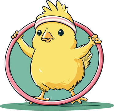 A cute cartoon yellow chick and a baby bird hatch from a farm egg near a funny rooster and hen character in this isolated vector illustration