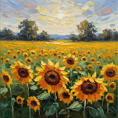 Sunflowers in the sunset light, picturesque style with oil paints, golden and green tones, a symbol of summer and joy