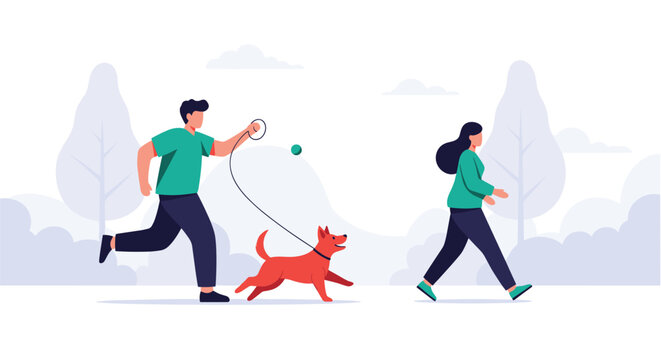 People enjoying outdoor activities in a park including a man running with his dog and a woman walking nearby.
