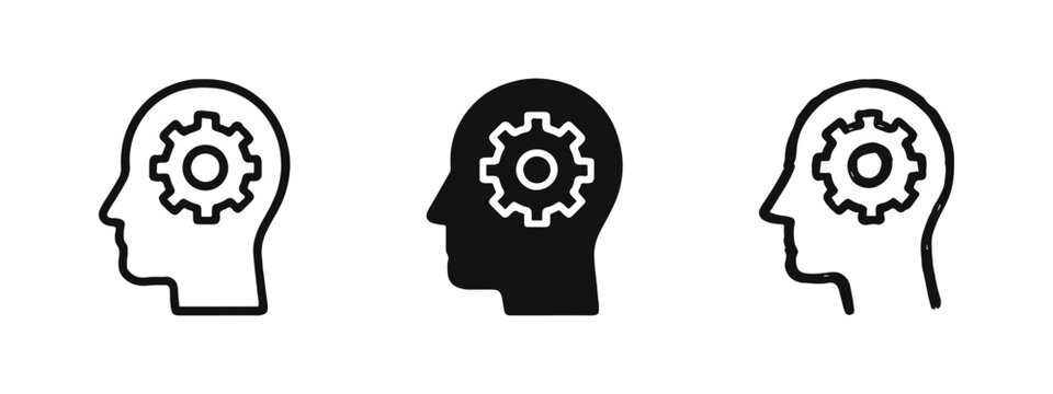 Head with Gear Icon Set - Concept of Thinking Process, Mechanism, Logic, and Problem Solving