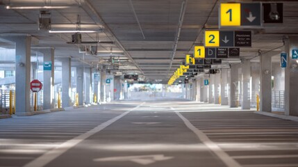 Fototapeta premium Focus on a covered parking area featuring painted parking spaces steel support columns and hanging directional signs while the surroundings remain out of focus.