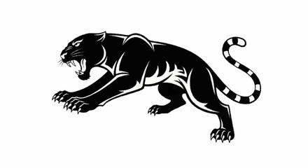 Stylized black and white vector illustration of a snarling black panther in a pouncing stance with sharp claws, a striped tail, and aggressive facial expression on a white background. © Andromax Studio
