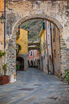 Main entrance to the ancient medieval village of Zuccarello, located in the Neva River valley, in the province of Savona, Liguria, Italy.Most beautiful villages in Italy