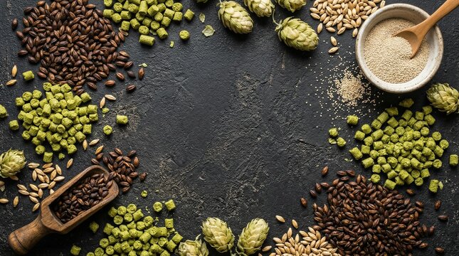 Craft beer brewing ingredients background with hops cones, pellets, dark roasted malt, barley seeds, and yeast on dark textured surface. Professional flat lay with central copy space.