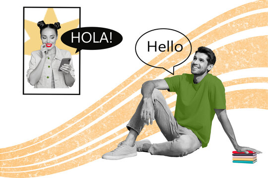 Composite photo collage of two happy girl guy distance communication hola hello greeting bubble book talk isolated on painted background
