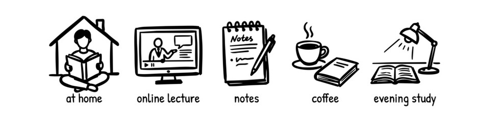Fototapeta premium Set of hand-drawn icons illustrating online learning and home study concepts, including video lectures, note-taking, coffee breaks, and evening reading sessions with a desk lamp.