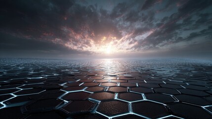 Fototapeta premium Futuristic hexagonal landscape under dramatic sunset, glowing geometric grid floor, sci-fi digital terrain with dark clouds and cinematic lighting