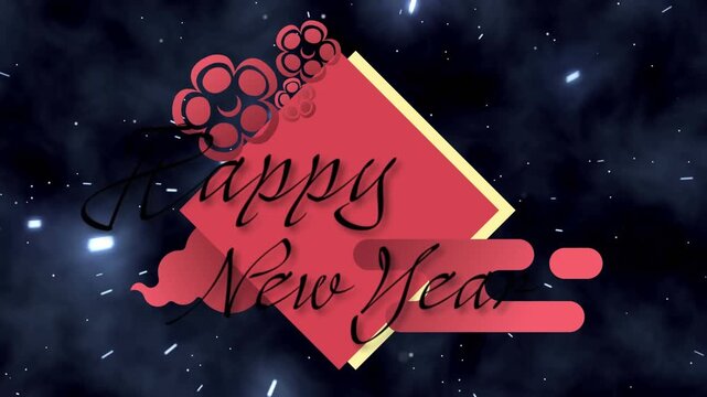 Animation of happy new year text with chinese red and yellow design pattern