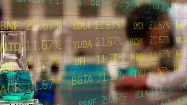 Animation of financial data processing over lab glass with reagent