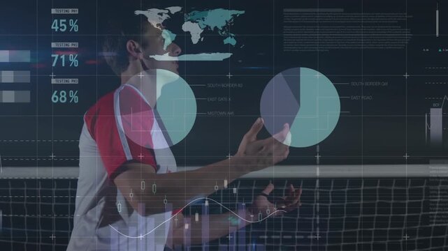 Animation of graphs and data over caucasian soccer player at stadium