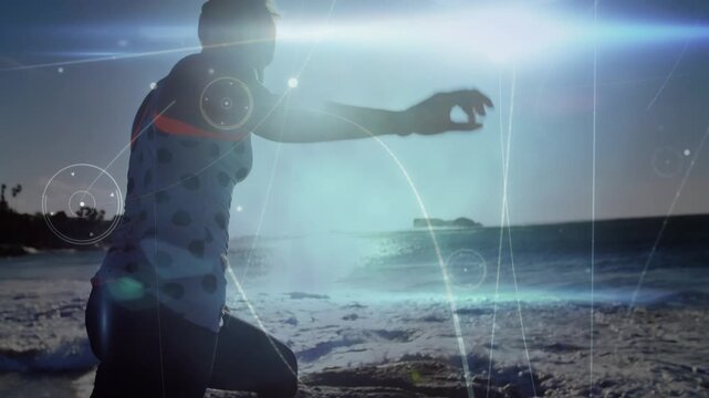 Animation of connections over caucasian woman practicing yoga on beach at sunset