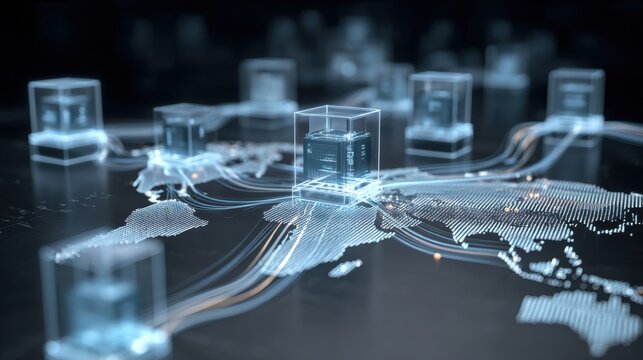 Global digital network connection, futuristic world map with glowing data cubes, fiber optic cables linking international logistics hubs