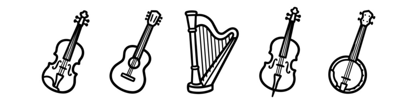 Collection of five black and white line art icons of stringed instruments: violin, acoustic guitar, harp, cello, and banjo. Clean, minimalist graphic design for music-related projects.