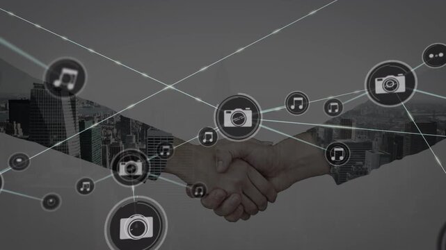Animation of network of connections with icons over people shaking hands
