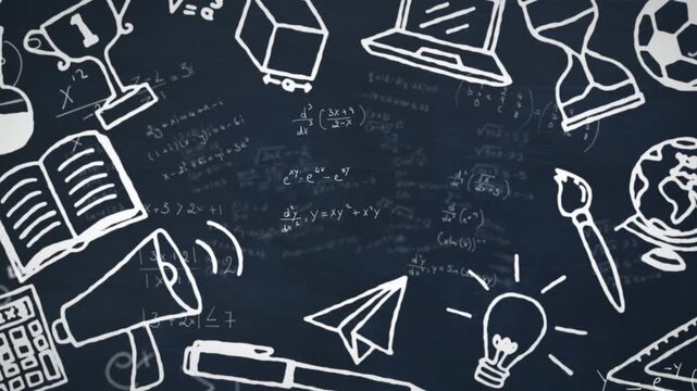 Multiple school concept icons and mathematical equations floating against blue background