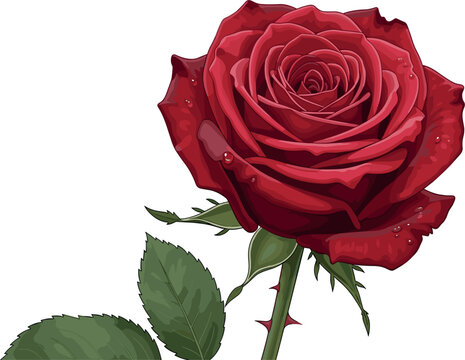 ed rose flower vector illustration with detailed blooming rose petals and green leaves botanical romantic floral element isolated on white background