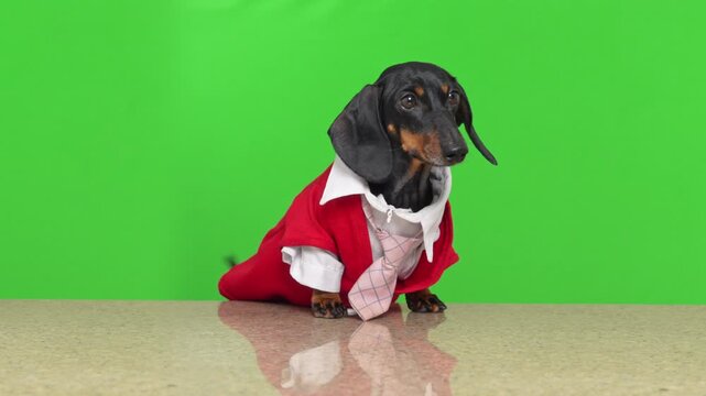 A black dachshund in a red and white suit stands on a bar counter against a bright green background created with a chroma key, with a guilty and ashamed expression on its face.