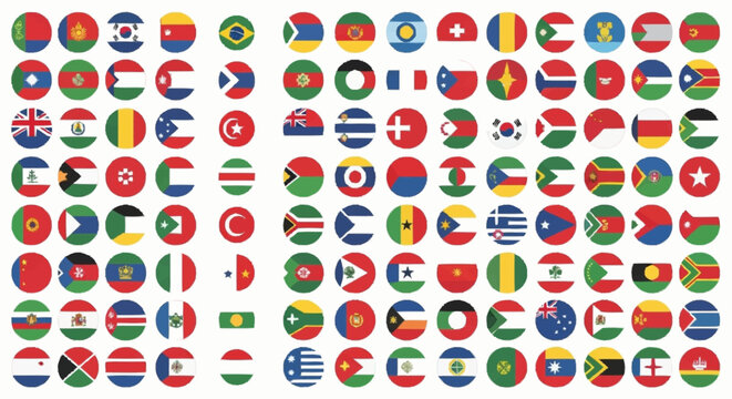 Grid layout of various circular national world flag icons isolated on a white background. A large collection of international round flags from different countries and continents.