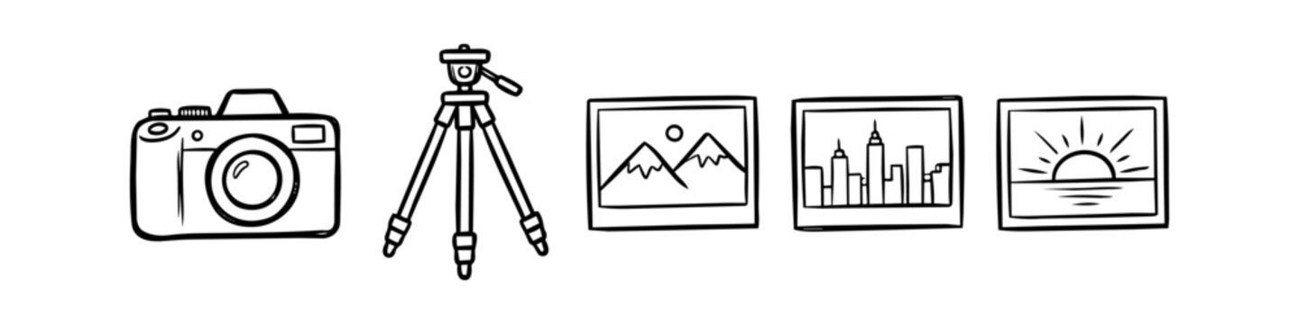 Hand-drawn photography icon set featuring a digital SLR camera, a tripod, and photos of mountains, a cityscape, and a sunset. Minimalist black and white doodle illustrations for creative projects.