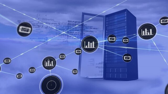 Animation of network of connections with icons over computer server in clouds