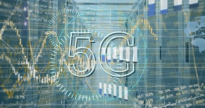 Animation of 5g text, statistics and data processing over computer servers