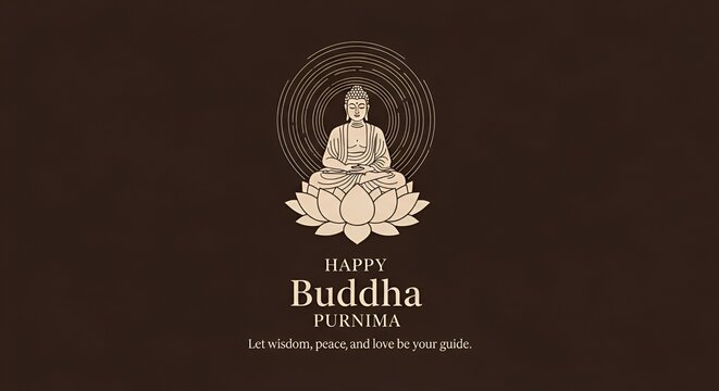 Image is a digital illustration with a minimalist style, featuring a centered layout on a dark brown background. The subject is a stylized depiction of a seated Buddha figure, rendered in a light beig