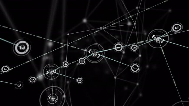 Animation of network of connections with icons on black background
